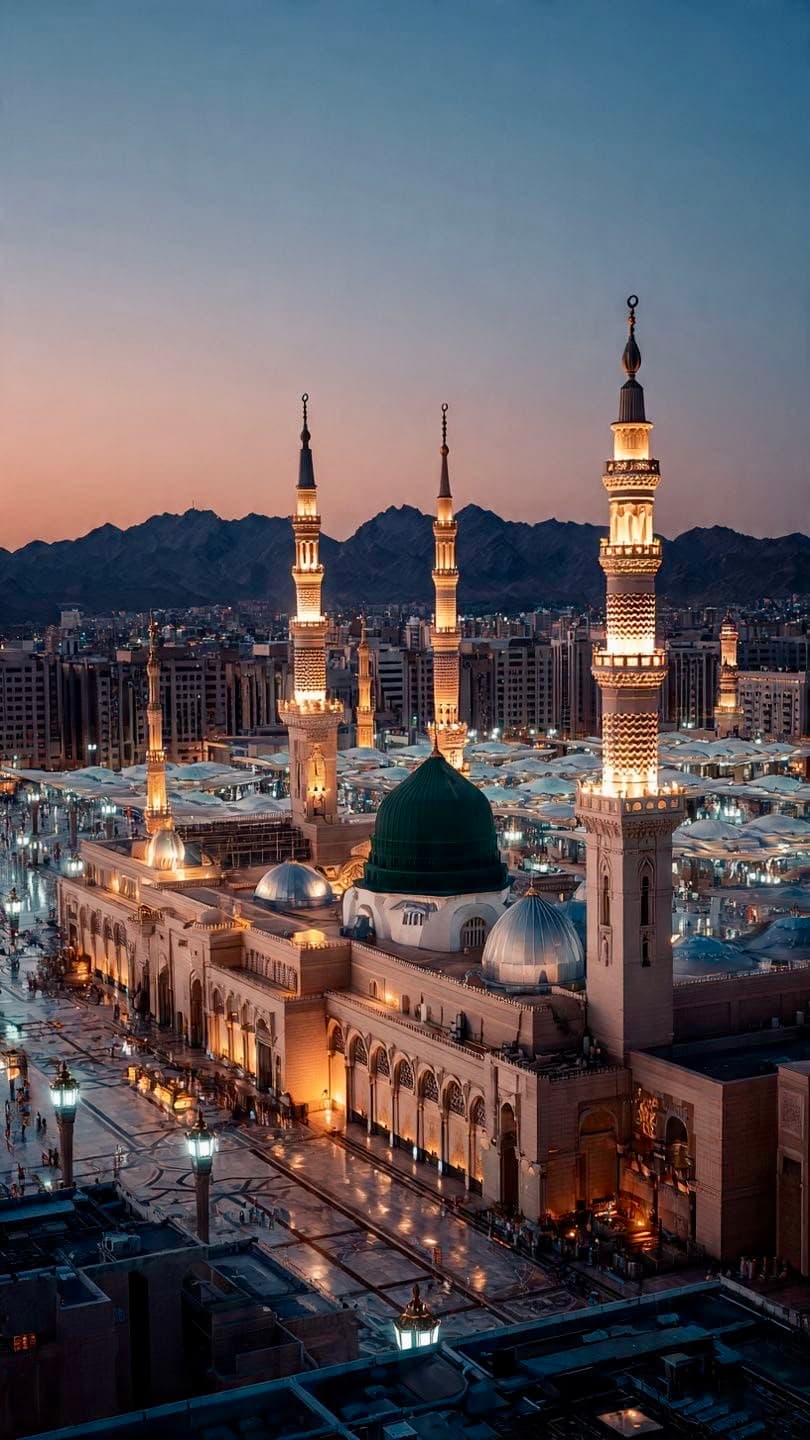 Al-Masjid an-Nabawi in Madinah at dusk